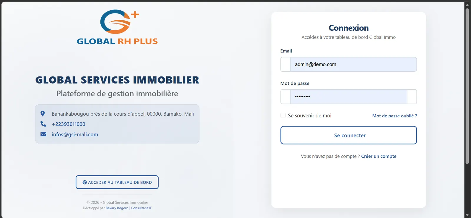 Interface de l'application web GS-Immo